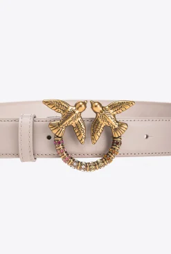 Ceintures|PINKO Ceinture Love Birds En Cuir Gris Manchot-Or Antique