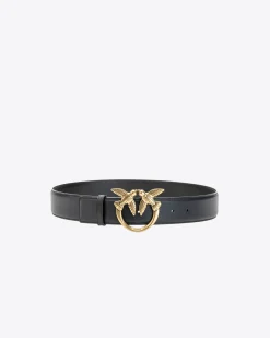 Ceintures|PINKO Ceinture Love Birds En Cuir Noir-Vieil Or