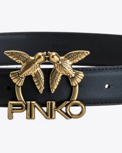 Ceintures|PINKO Ceinture Love Birds En Cuir Noir-Vieil Or