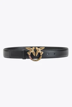 Ceintures|PINKO Ceinture Love Birds En Cuir Noir-Vieil Or