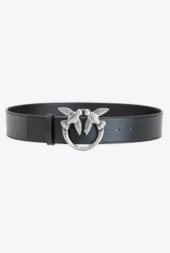 Ceintures|PINKO Ceinture Love Birds En Cuir Noir-Vieil Argent