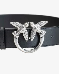 Ceintures|PINKO Ceinture Love Birds En Cuir Noir-Vieil Argent