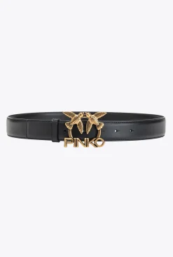 Ceintures|PINKO Ceinture Love Birds Logo En Cuir Noir-Vieil Or