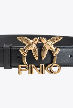 Ceintures|PINKO Ceinture Love Birds Logo En Cuir Noir-Vieil Or