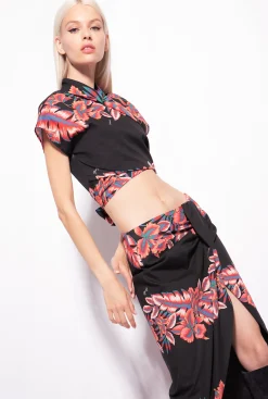 Chemises Et Blouses|PINKO Chemise Courte A Imprime Tropical Multi. Noir/Rouge