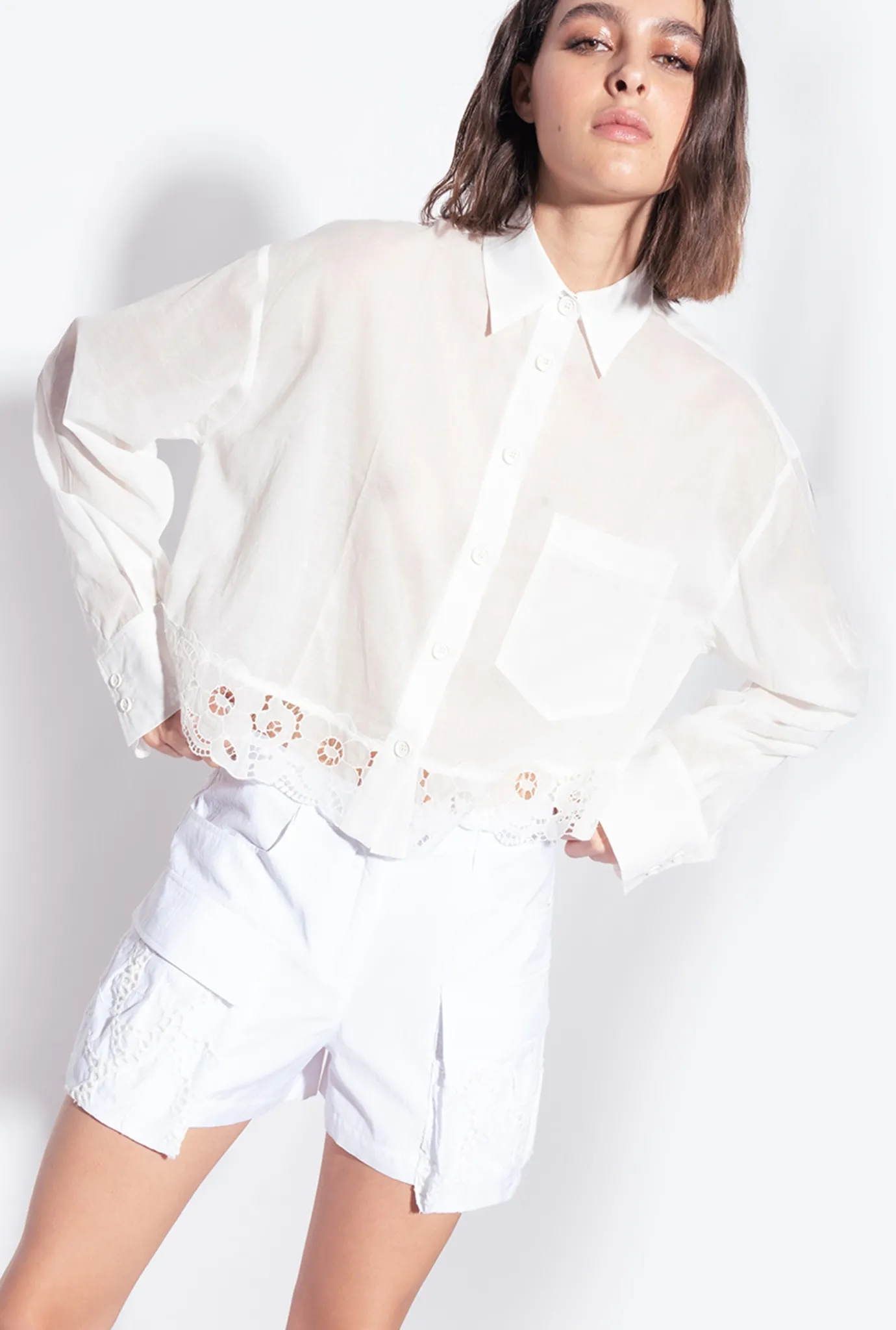 Chemises Et Blouses|PINKO Chemise Courte En Mousseline Blanc Immacule