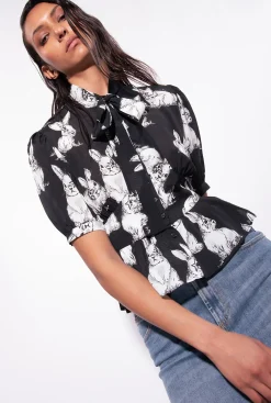 Chemises Et Blouses|PINKO Chemise Cropped A Imprime Lapin Noir/Gris/Blanc