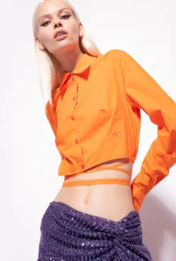 Chemises Et Blouses|PINKO Chemise Cropped En Popeline Orange Vibrant