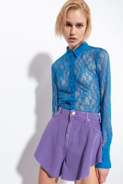 Tailleurs Et Ensembles|PINKO Chemise En Dentelle Florale Bleu Directoire