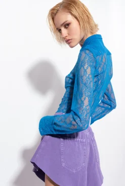 Tailleurs Et Ensembles|PINKO Chemise En Dentelle Florale Bleu Directoire
