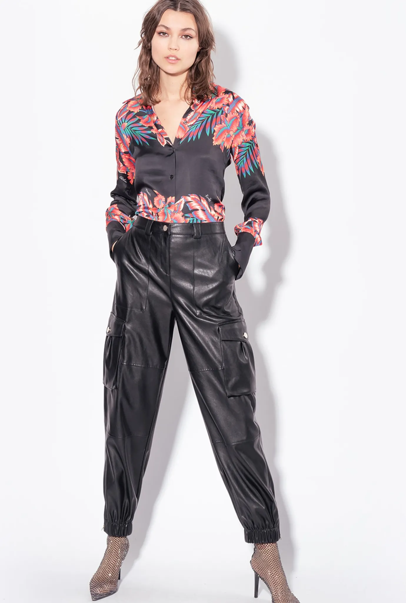 Chemises Et Blouses|PINKO Chemise En Satin A Imprime Tropical Multi. Noir/Rouge