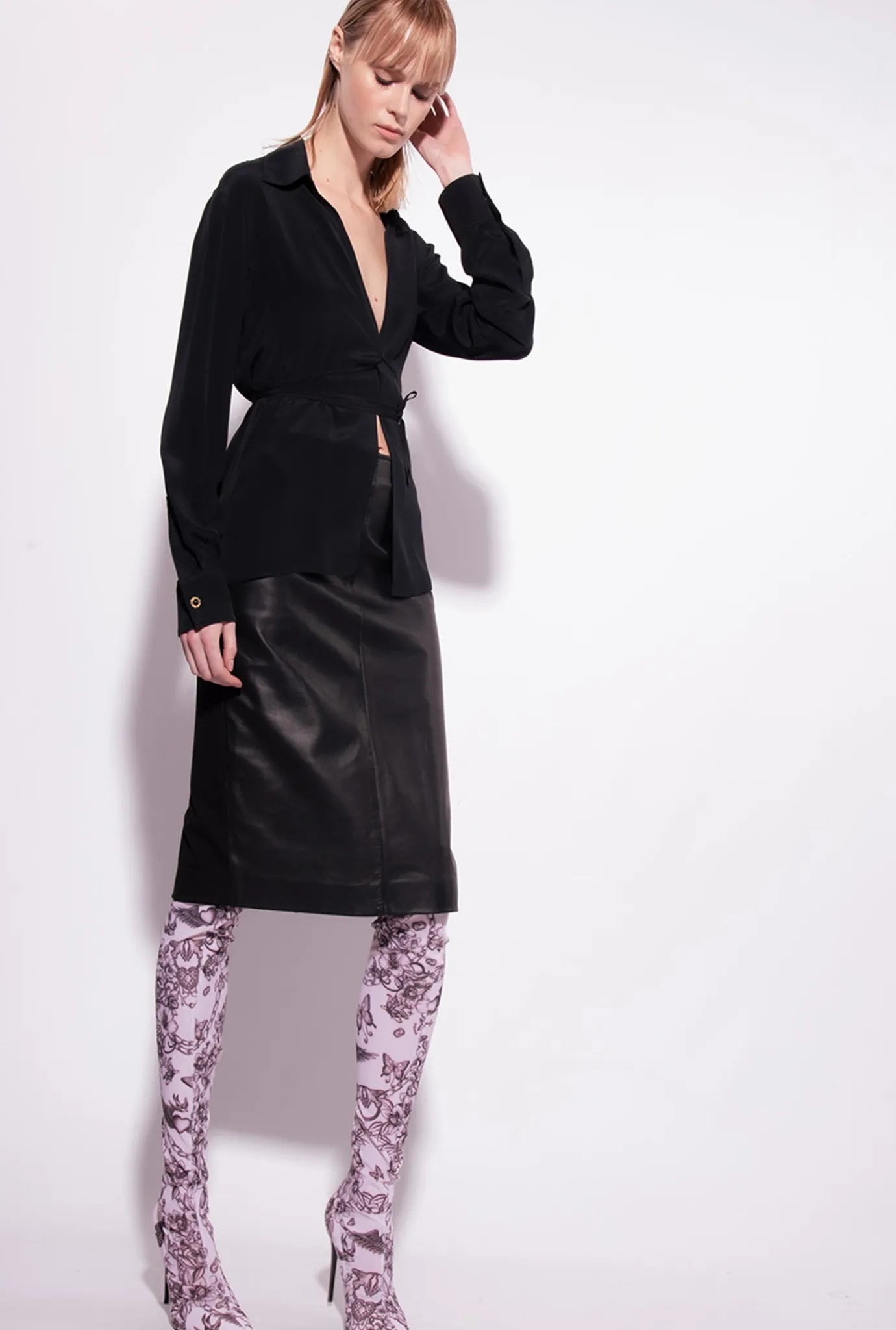 Chemises Et Blouses|PINKO Chemise En Soie Melangee Avec Lien Noir Limousine