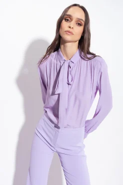Tailleurs Et Ensembles|PINKO Chemise En Soie Melangee A Col Lavalliere Violet Tulipe