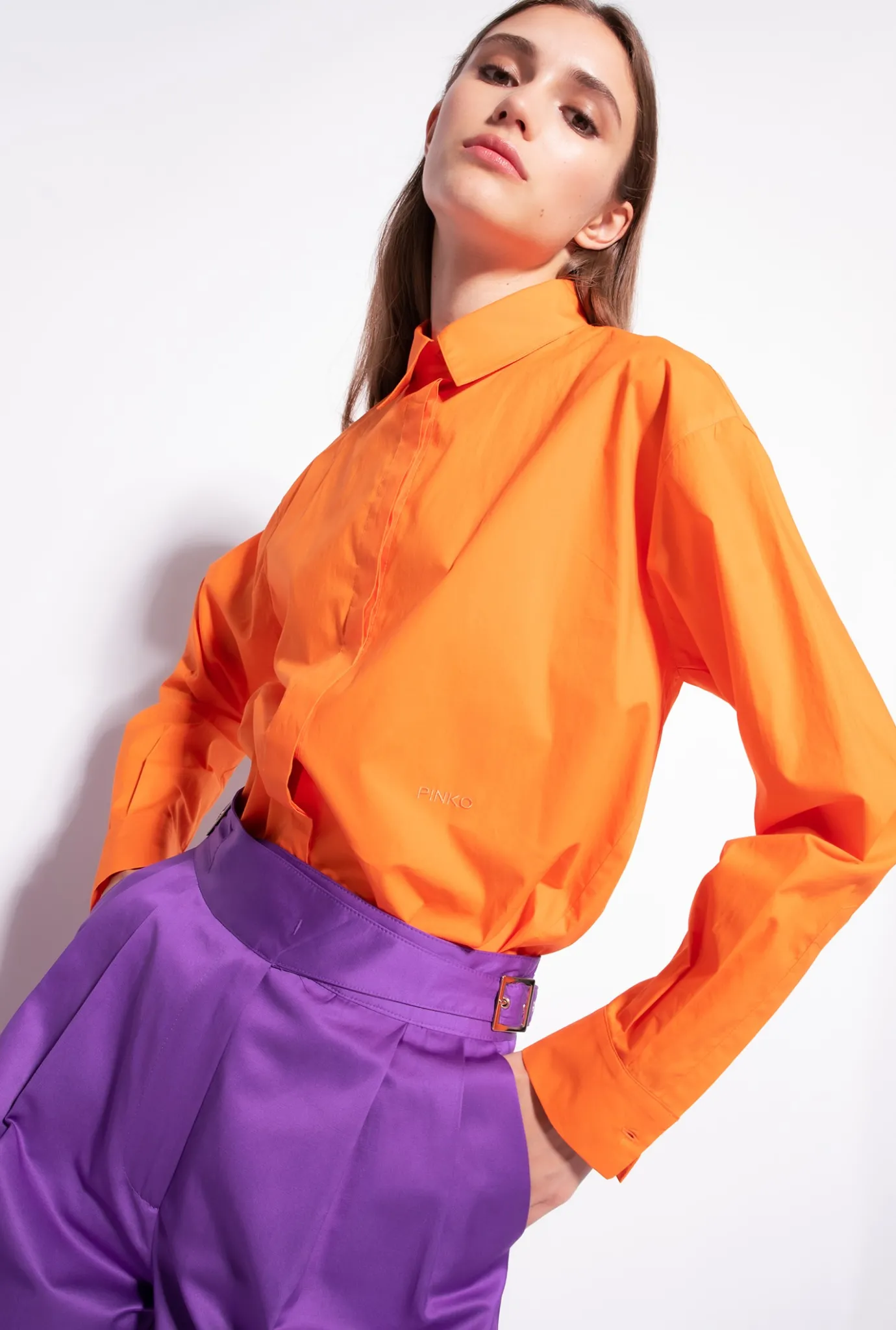 Chemises Et Blouses|PINKO Chemise Oversize Avec Broderie Orange Vibrant