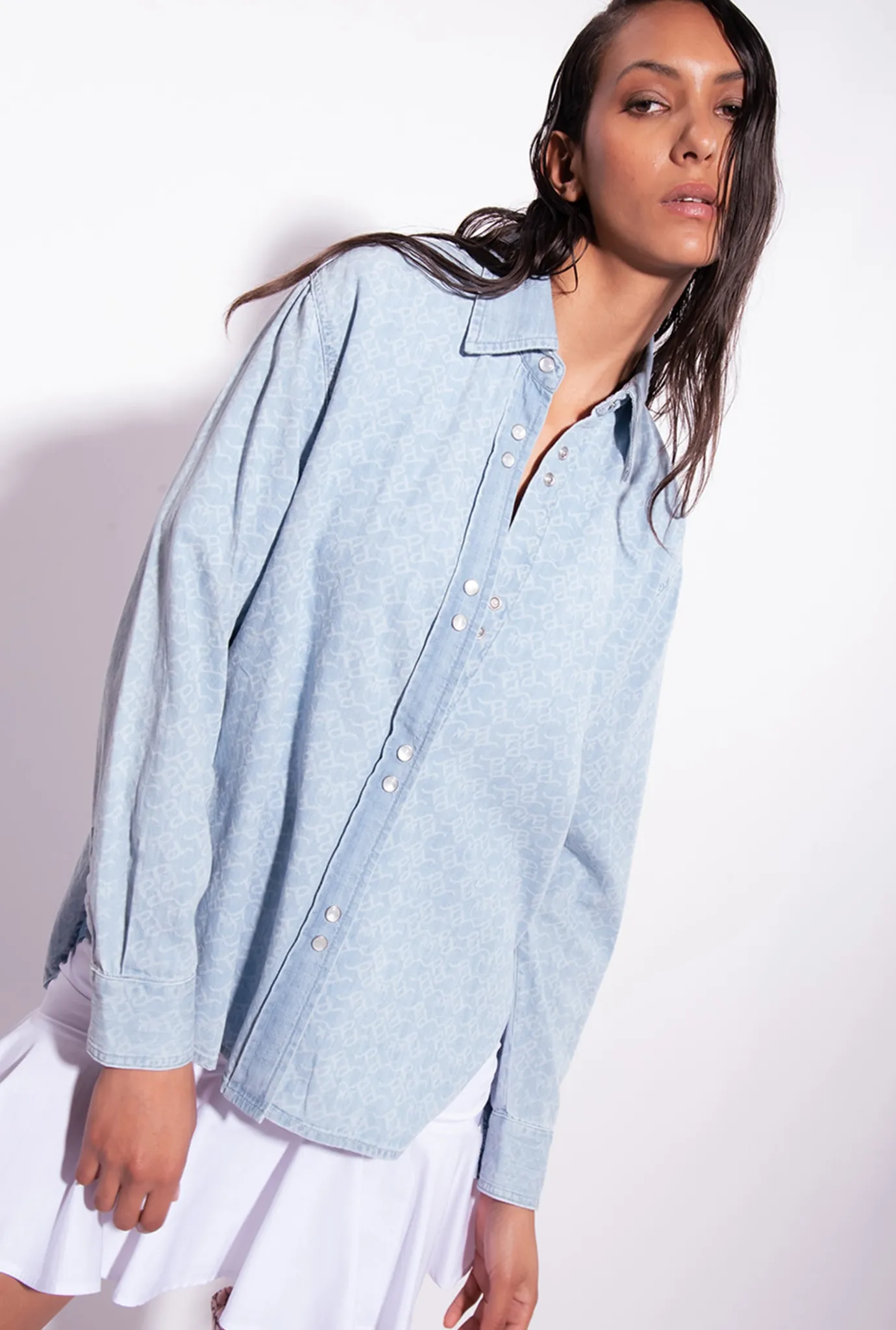 Chemises Et Blouses|PINKO Chemise Oversize En Denim Imprime Au Laser Blanc/Azur
