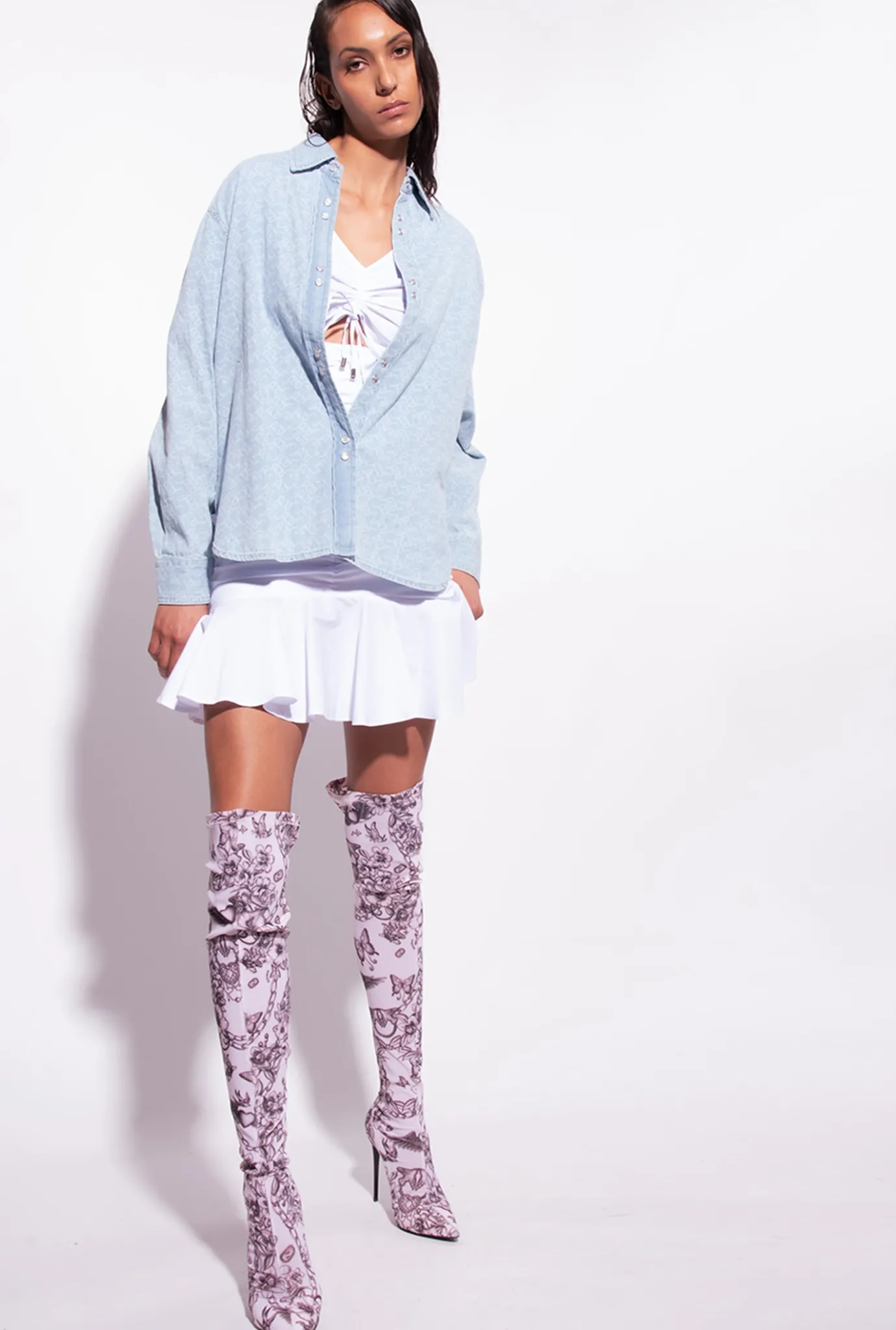 Chemises Et Blouses|PINKO Chemise Oversize En Denim Imprime Au Laser Blanc/Azur