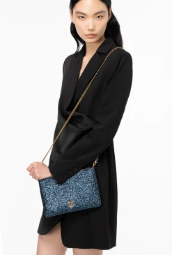 Sacs De Soirée|PINKO Classic Flat Love Bag A Paillettes Bleu Clematite-Or Antique