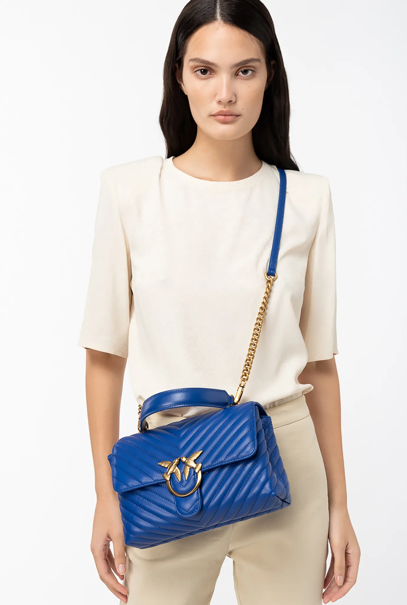 Sacs À Main|PINKO Classic Lady Love Bag Puff Chevron Bleu Clematite-Or Antique