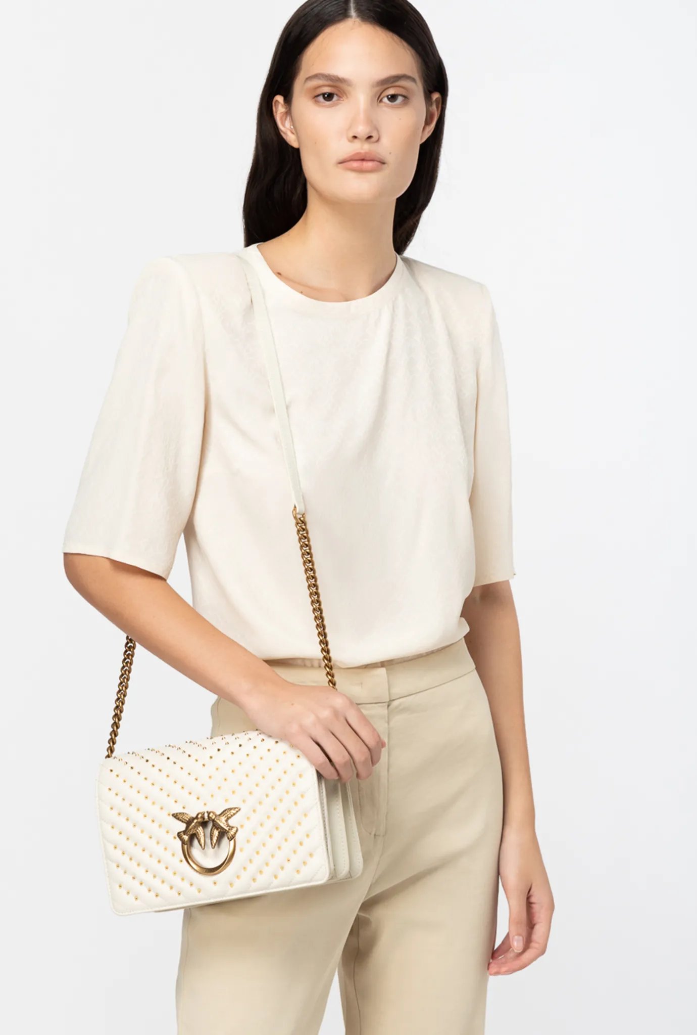 Sacs À Bandoulière|PINKO Classic Love Bag Click Chevron Studs Blanc+Blanc-Or Antique