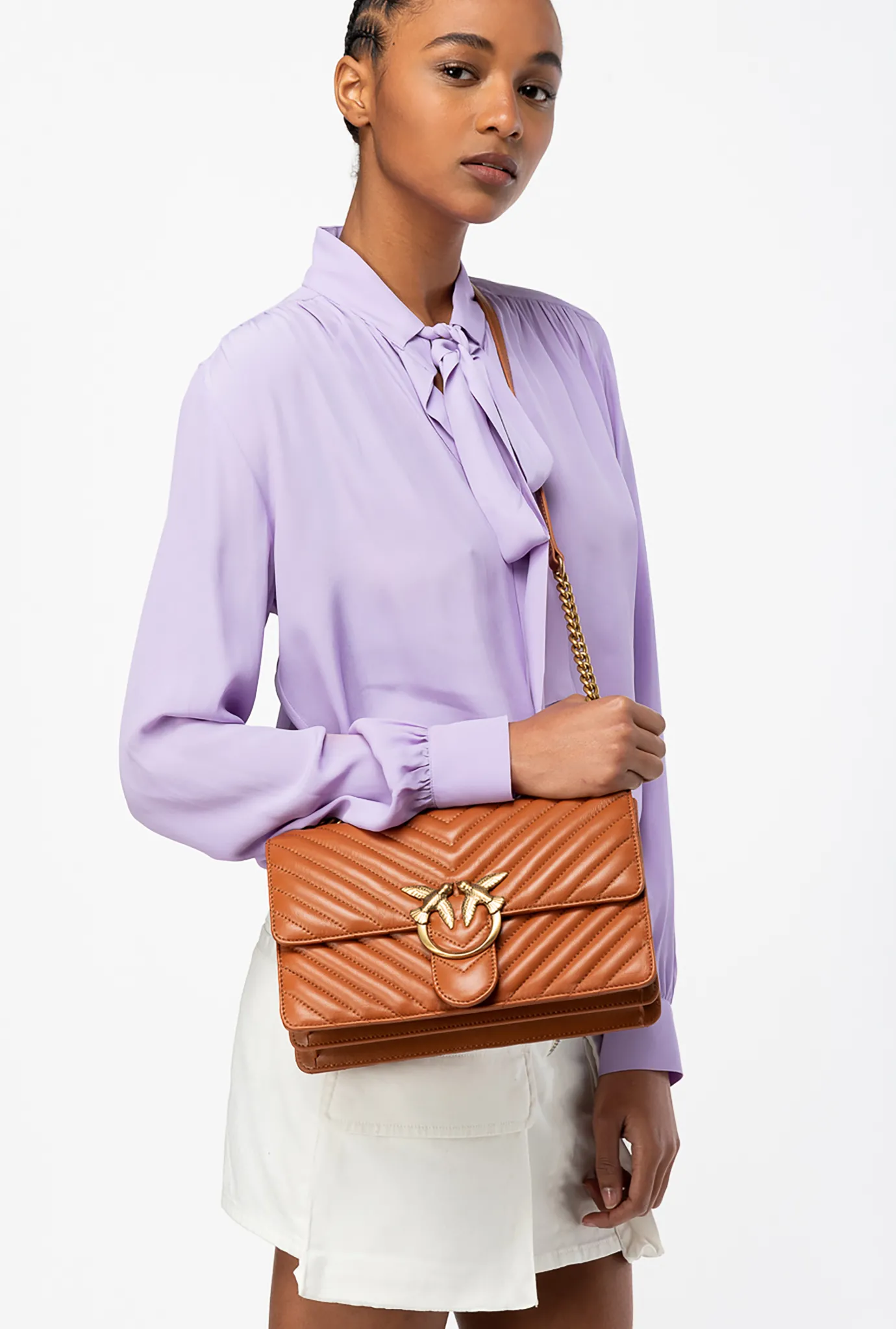 Sacs Portés Épaule|PINKO Classic Love Bag One Chevron Cognac-Or Antique