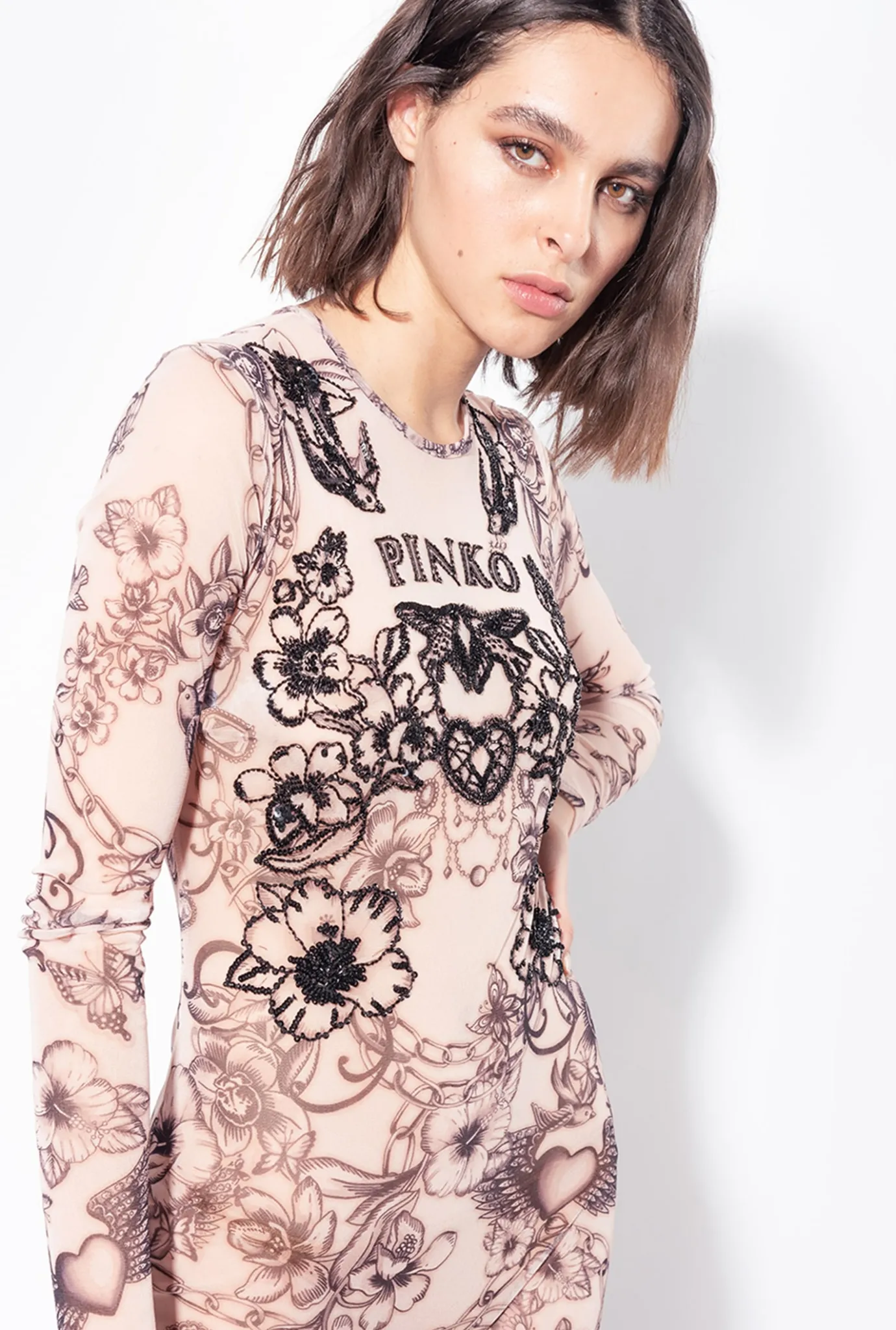 Robes|PINKO Combinaison A Imprime Tatouage Avec Broderies Chair/Noir