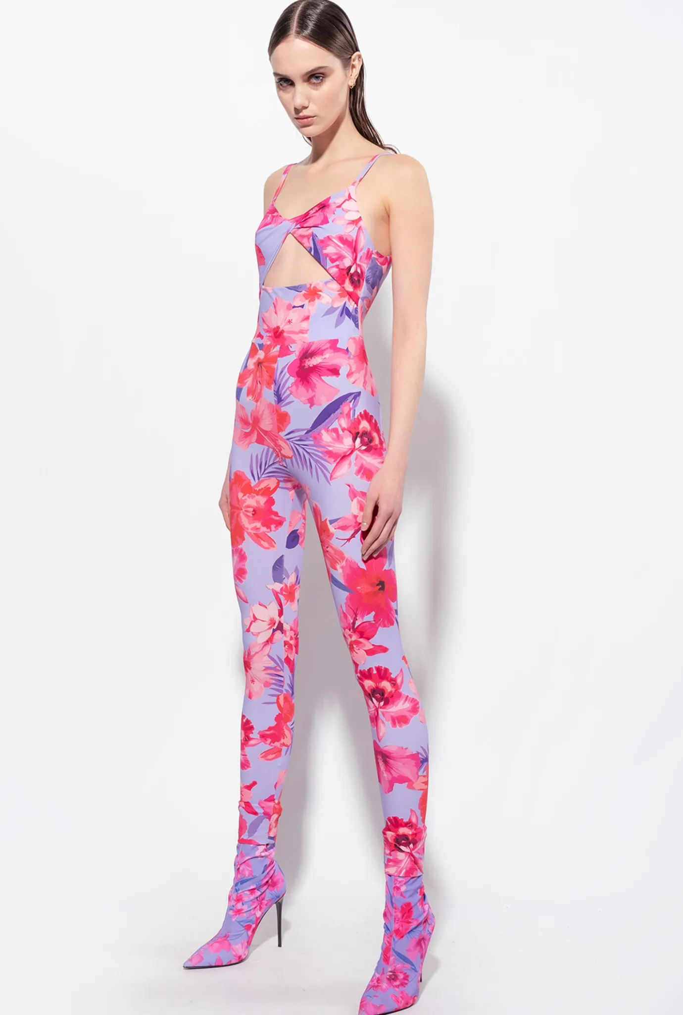 Robes|PINKO Combinaison Moulante A Imprime Floral Tropical Lilas/Rose Clair/Fuchsia