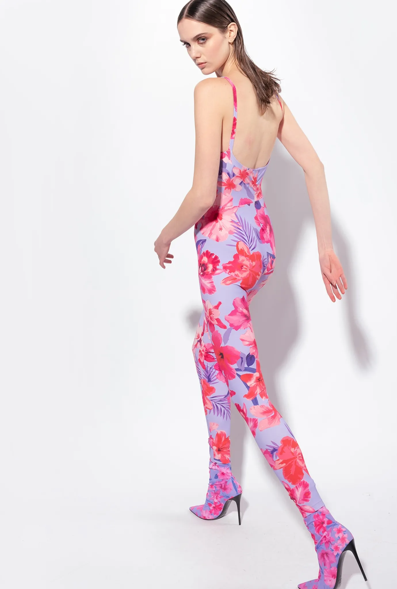 Robes|PINKO Combinaison Moulante A Imprime Floral Tropical Lilas/Rose Clair/Fuchsia