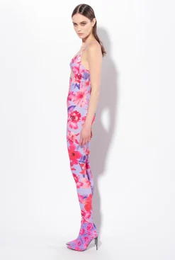 Robes|PINKO Combinaison Moulante A Imprime Floral Tropical Lilas/Rose Clair/Fuchsia