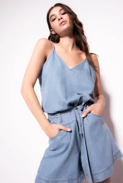 Robes|PINKO Combishort En Denim Fluide Delavage Clair