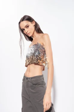 Topwear|PINKO Crop Top A Paillettes Effet Degrade Or/Argent