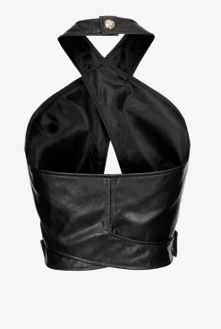 Tailleurs Et Ensembles|PINKO Crop Top Effet Cuir Noir Limousine