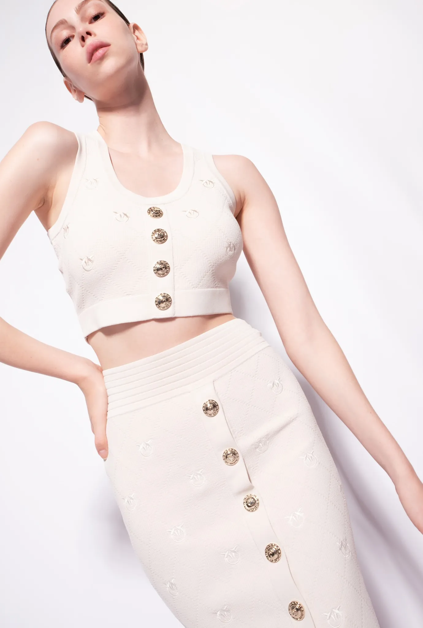 Tailleurs Et Ensembles|PINKO Crop Top En Jacquard Monogram Beige Bouleau