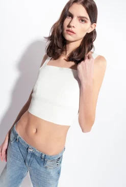 Tailleurs Et Ensembles|PINKO Crop Top En Lin Stretch Blanc Nimbus