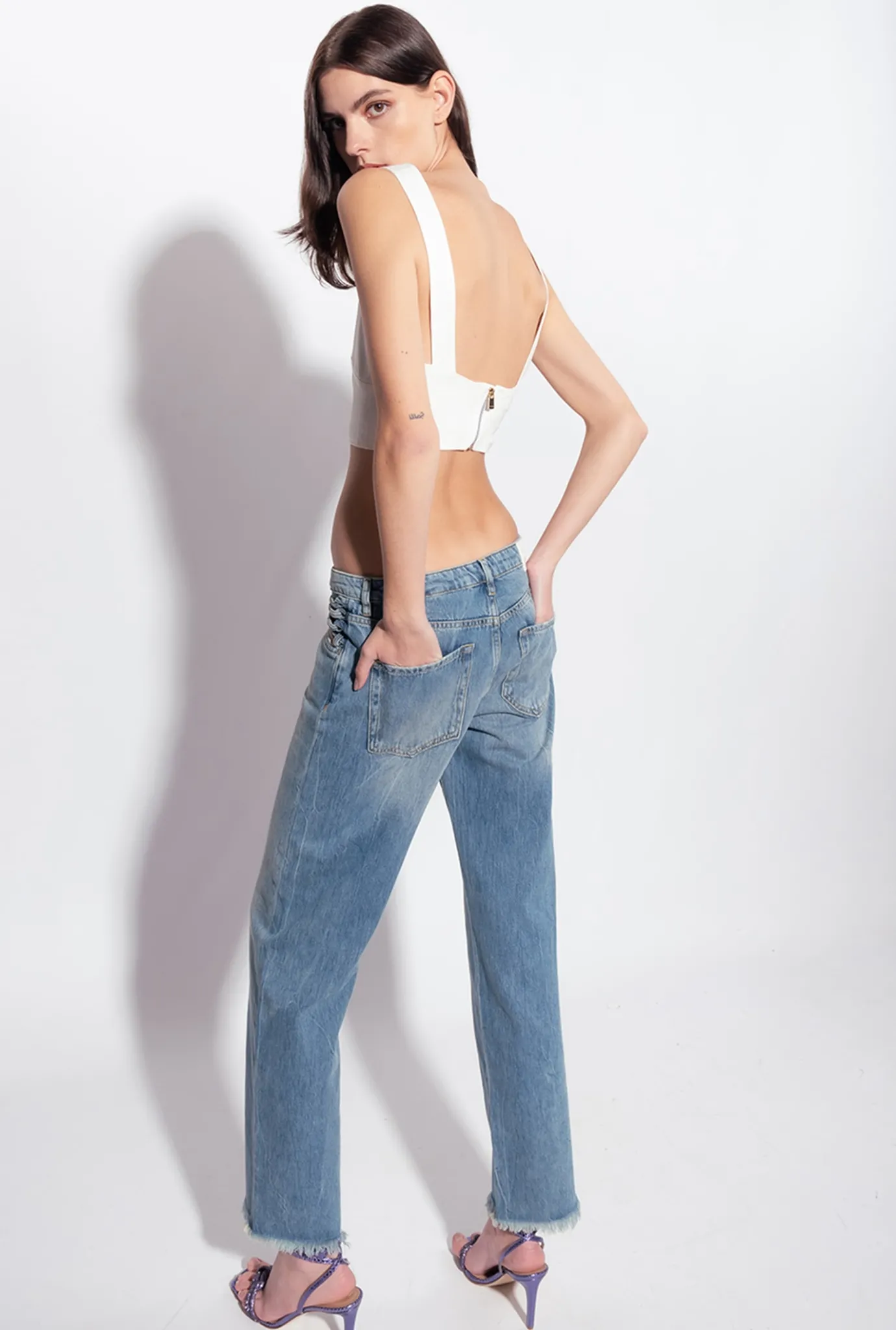 Tailleurs Et Ensembles|PINKO Crop Top En Lin Stretch Blanc Nimbus