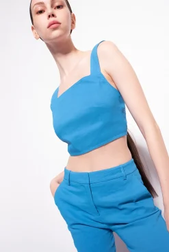 Tailleurs Et Ensembles|PINKO Crop Top En Lin Stretch Bleu Directoire