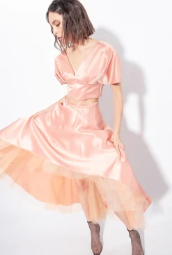 Tailleurs Et Ensembles|PINKO Crop Top En Satin Duchesse Bleu Ciel-Marine