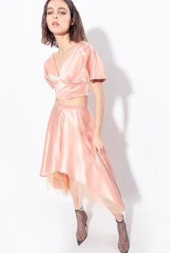 Tailleurs Et Ensembles|PINKO Crop Top En Satin Duchesse Bleu Ciel-Marine