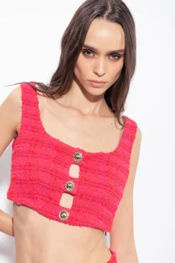 Tailleurs Et Ensembles|PINKO Crop Top En Tweed Fantaisie Mult. Fuchsia/Rouge