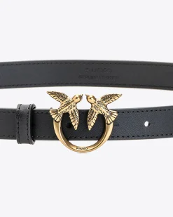 Ceintures|PINKO Fine Ceinture Love Birds En Cuir Noir-Vieil Or