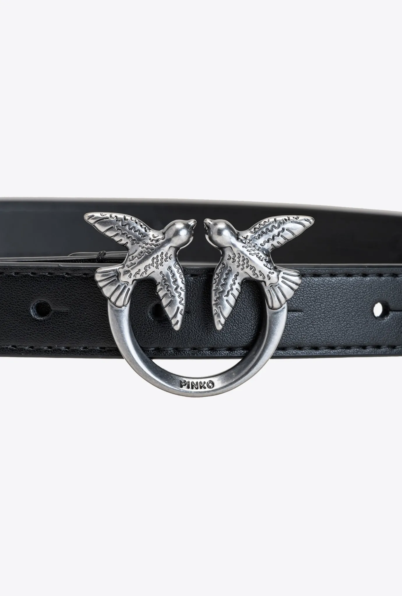 Ceintures|PINKO Fine Ceinture Love Birds En Cuir Noir-Vieil Argent