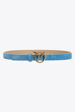 Ceintures|PINKO Fine Ceinture Love Birds En Daim Bleu Ciel-Or Antique