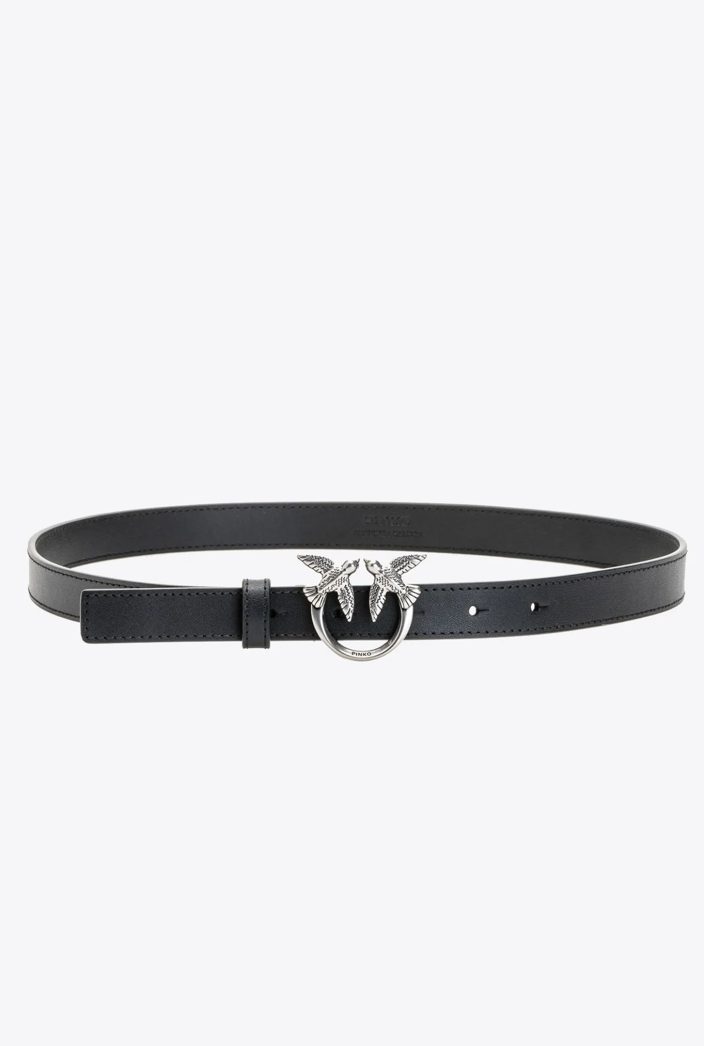 Ceintures|PINKO Fine Ceinture Love Birds En Cuir Noir-Vieil Argent