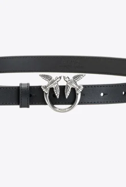 Ceintures|PINKO Fine Ceinture Love Birds En Cuir Noir-Vieil Argent