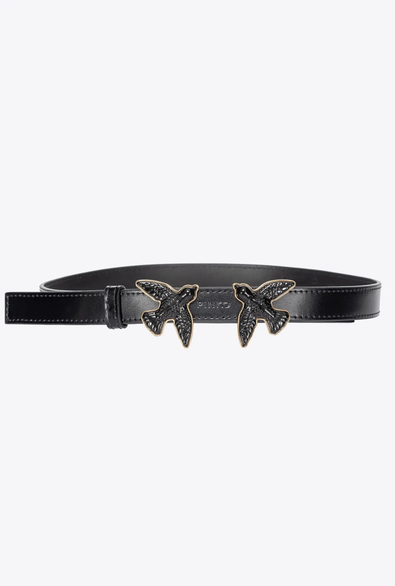 Ceintures|PINKO Fine Ceinture Love Birds En Cuir Brosse Noir Limousine Color Block