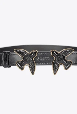 Ceintures|PINKO Fine Ceinture Love Birds En Cuir Brosse Noir Limousine Color Block