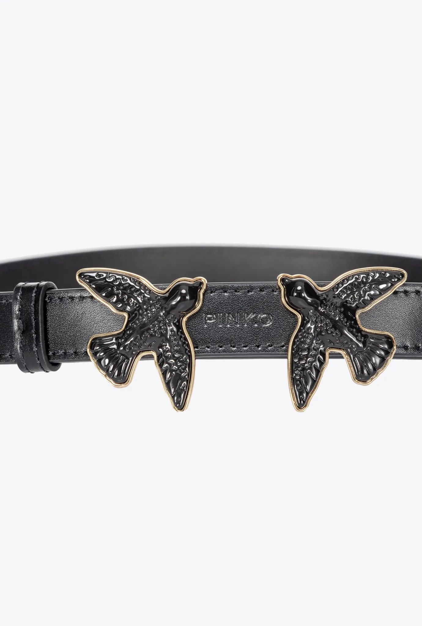 Ceintures|PINKO Fine Ceinture Love Birds En Cuir Brosse Noir Limousine Color Block