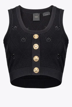 Topwear|PINKO Gilet Court En Jacquard Love Birds Noir Limousine