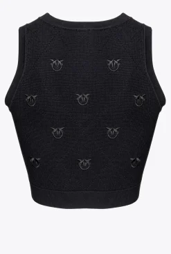 Topwear|PINKO Gilet Court En Jacquard Love Birds Noir Limousine