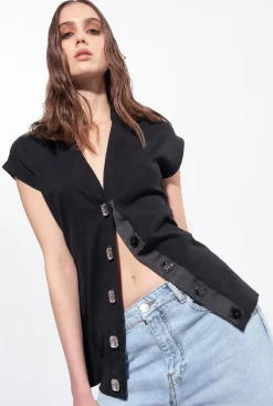 Pièces En Maille|PINKO Gilet En Maille A Boutons Bijoux Noir Limousine
