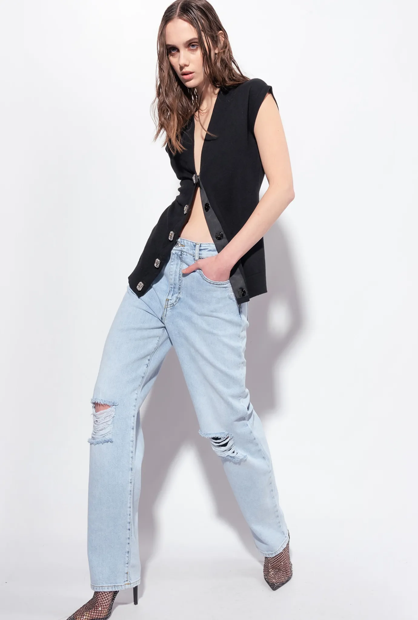 Pièces En Maille|PINKO Gilet En Maille A Boutons Bijoux Noir Limousine